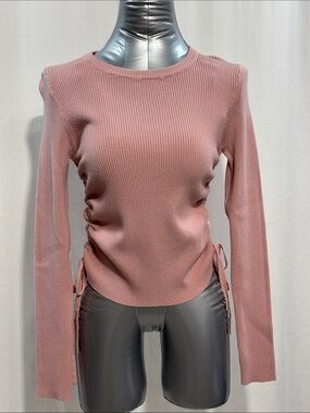 Side Tie Ribbed Long Sleeve Top Pink Med 346 stretch every day work casual chic